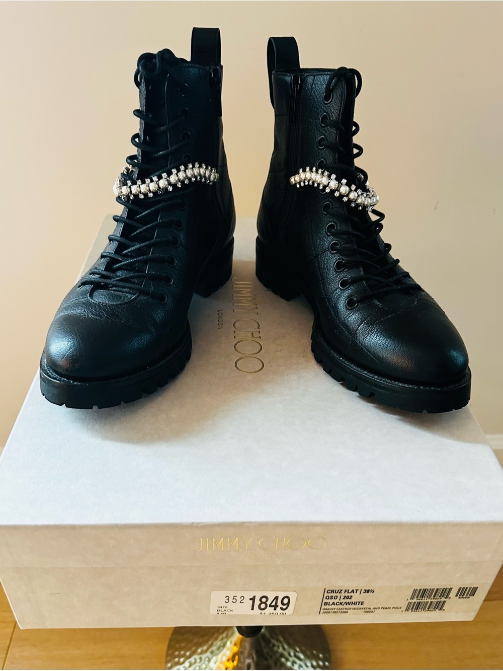 Jimmy Choo Cruz Flat Combat Boots 38.5 Black Crystal Pearl NIB